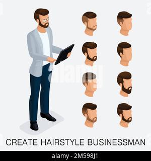 Trendy isometric set 4, studio qualitativo, un set di acconciature maschili, stile hipster. Styling moda, barba, baffi. Lo stile dei giovani busi di oggi Illustrazione Vettoriale