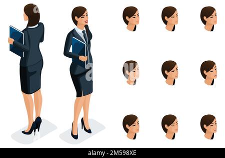 Icone isometriche delle emozioni della donna, vista frontale del corpo 3D e vista posteriore, viso, occhi, labbra, naso. Espressione facciale. Isometria qualitativa delle persone per v Illustrazione Vettoriale