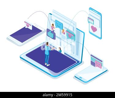 Isometrics un uomo corrispondente in Internet con diverse ragazze, la conoscenza attraverso Internet, un laptop, smartphone, messaggi. Olograpa brillante Illustrazione Vettoriale