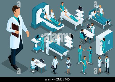 Qualità isometrica, operatori medici e pazienti, letto di ospedale, RM, scanner a raggi X, scanner a ultrasuoni, sedia dentale, sala operatoria. Illustrazione Vettoriale