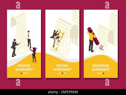 App Isometric Template Partner di contratti aziendali, pianificazioni dei ricavi in crescita, app per smartphone. Illustrazione Vettoriale