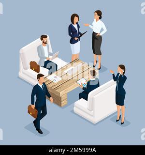 Persone isometriche uomini d'affari isometrici, uomo d'affari e donna d'affari, uomini in tute d'affari nel processo. Mobili da ufficio, computer portatile, computer, scrivania Illustrazione Vettoriale
