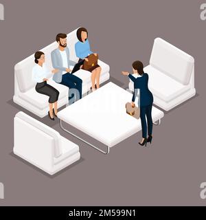 Persone isometriche, uomini d'affari 3D donna d'affari. Discussione, risoluzione delle controversie e negoziati. Lavorare in ufficio, lavorare al buio Illustrazione Vettoriale