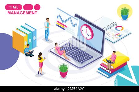 Concetto isometrico di gestione del tempo. Persone in movimento isometriche, elaborazione di un piano di lavoro, ore. Concetti per banner Web e materiali stampati. Illustrazione Vettoriale