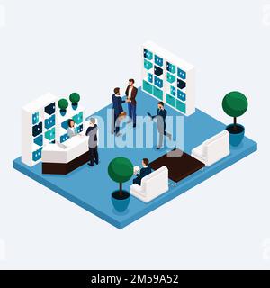 Sala isometrica multipiano impiegati 3D uomini e donne d'affari nella lobby presso la reception isolata. Illustrazione vettoriale. Illustrazione Vettoriale