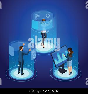 Isometrica di un moderno uomo d'affari e di una donna d'affari lavorano con gadget, gestione dello schermo virtuale. Nel mondo della realtà virtuale. Tecnologia del futuro. Illustrazione Vettoriale