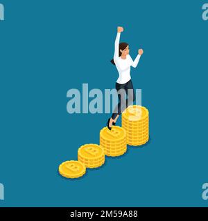 Isometric business donna jumping gioisce grande profitto ico blockchain criptovaluta minerario, progetto di avvio isolato vettore illustrazione. Illustrazione Vettoriale