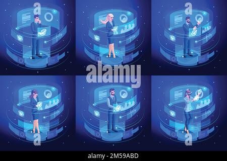 Isometrics un insieme dei concetti un uomo d'affari e una signora di affari lavorano sugli schermi virtuali, guardano i rapporti sulle vendite e sui programmi di vendite. Alta tecnologia. Illustrazione Vettoriale