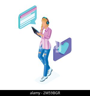 Isometrics la giovane ragazza comunica nei social network su tablet, telefono, smartphone, blogger. Adolescenti e gadget. Illustrazione Vettoriale