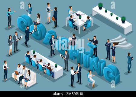 Concetto di coaching isometrico qualitativo, 3D caratteri, uomini d'affari che utilizzano il font. Grande composizione per la pubblicità e premi. Illustrazione Vettoriale