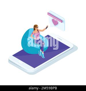 L'isometria di una ragazza comunica su Internet e la mette come seduta su una sedia. Incontri online e corrispondenza. Design olografico luminoso. Illustrazione Vettoriale