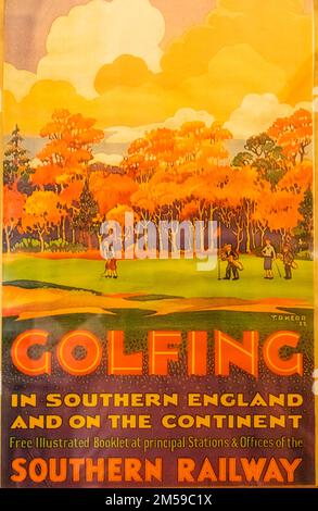 Inghilterra, Sussex, Bluebell Railway, Horsted Keynes Station, Vintage Poster Advertising Golf Trips *** Local Caption *** UK,United Kingdom,Great BRI Foto Stock