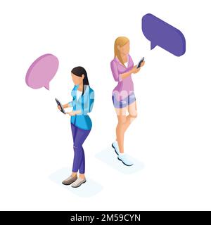 Isometria delle giovani ragazze, comunica al telefono in social network, conduce corrispondenza, telefono, tablet. Adolescenti e gadget. Illustrazione Vettoriale