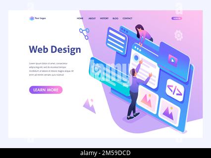 Concetto isometrico giovani sono impegnati in web design, sviluppo di pagine web. Pagina di destinazione modello per il sito Web. Illustrazione Vettoriale