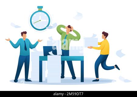 Situazione stressante al lavoro che segnala la scadenza, i dipendenti in panico. Carattere piatto 2D. Concetto di web design. Illustrazione Vettoriale