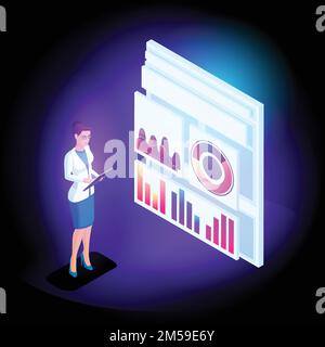 Isometric business girl on-line scansiona rapporti e analisi sulla base di diagrammi e grafici. Applicazione mobile per lavorare sul tablet. Illustrazione Vettoriale