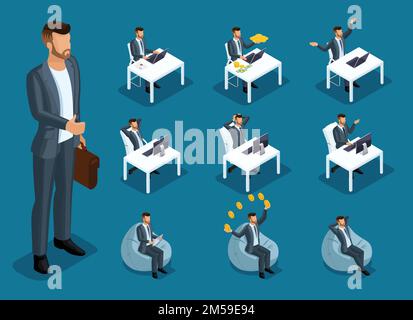 Cartoni animati isometrici, 3D uomini d'affari, uomini d'affari in diverse situazioni, grande uomo e mini concetto con lui per illustrazioni vettoriali. Illustrazione Vettoriale