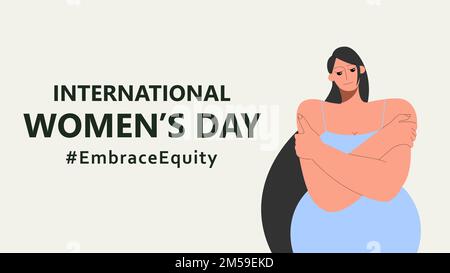 Giornata internazionale delle donne. IWD. 8 marzo. Campagna 2023 tema hashtag EmraceEquity. Abbracciate l'equità. Poster orizzontale con bella donna e. Illustrazione Vettoriale