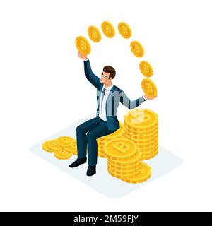 Uomo d'affari isometrico seduto su un grande mucchio di soldi e gettando monete d'oro Crypto Currency, Bitcoin. Illustrazione vettoriale di un investitore finanziario. Illustrazione Vettoriale