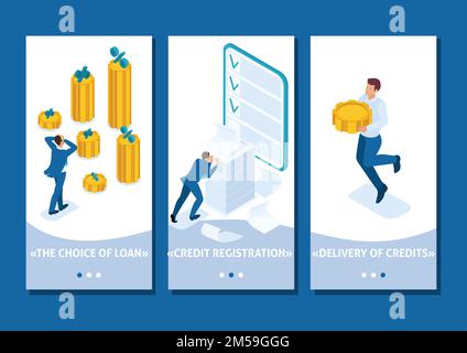 Isometric Template app l'uomo ha afferrato la testa e guarda la quantità di prestiti e le loro tariffe, app per smartphone. Illustrazione Vettoriale