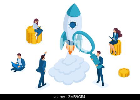 Concetto isometrico di investire in startup, lancio di razzo, giovani imprenditori. Concetto di web design. Illustrazione Vettoriale