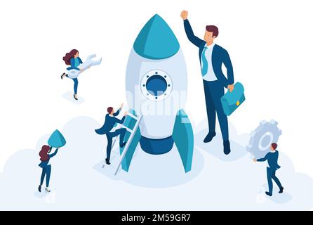 Isometrico lo sviluppo di concetto e il commercio di startup. Uomini d'affari creano un razzo. Concetto di web design. Illustrazione Vettoriale