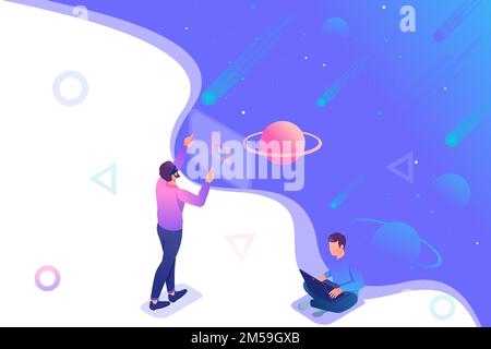 Isometrica un giovane esegue una realtà virtuale utilizzando occhiali virtuali, un adolescente gira su un notebook. Concetto di web design. Illustrazione Vettoriale