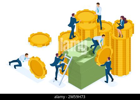 Crescita isometrica degli investimenti, gli investitori portano denaro alla banca. Concetto di web design. Illustrazione Vettoriale