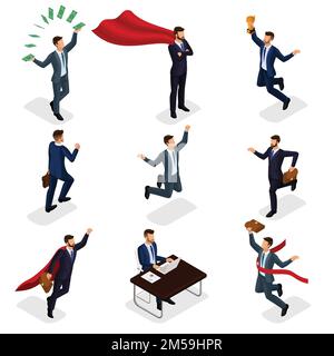 Trendy persone isometriche, 3D uomo d'affari, concetto con giovane uomo d'affari, denaro, premio, successo, gioia, lavoro, movimento, startup isolato su sfondo bianco Illustrazione Vettoriale
