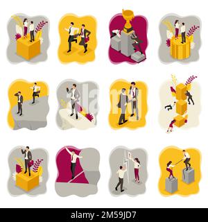 Concetto isometrico di rischi aziendali, caduta, concorrenza, conflitto, disaccordo. Per la progettazione di siti Web e applicazioni mobili. Illustrazione Vettoriale