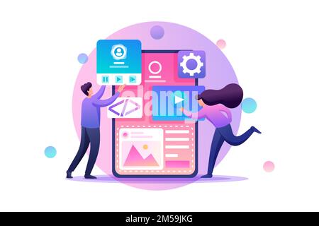 I giovani sono impegnati nella progettazione di applicazioni mobili e nello sviluppo di pagine Web. Carattere piatto 2D. Concetto di web design. Illustrazione Vettoriale