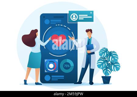 Il medico mostra al paziente come utilizzare l'applicazione per mantenere la salute. Carattere piatto 2D. Concetto di web design. Illustrazione Vettoriale