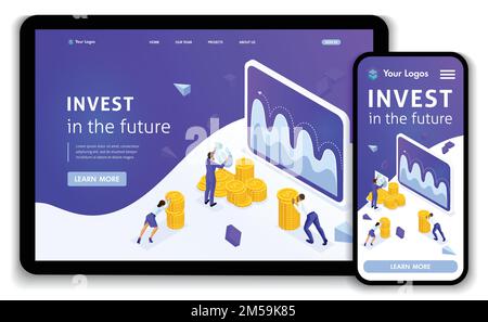 Sito web modello Landing page concetto Isometrico di gestione degli investimenti, gli uomini d'affari trasportano denaro per investire. Facile da modificare e personalizzare, reattivo. Illustrazione Vettoriale