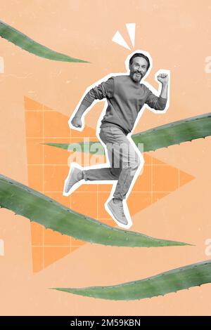 Collage foto di uomo maturo di età che corre vicino verde aloe vera foglie fresche in crescita naturale erbe piante sane promo isolato su sfondo dipinto Foto Stock