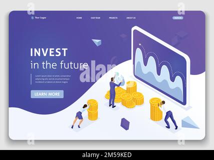 Sito web modello Landing page concetto Isometrico di gestione degli investimenti, gli uomini d'affari trasportano denaro per investire. Facile da modificare e personalizzare. Illustrazione Vettoriale