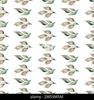 Motivo senza cuciture con foglie verdi grigie, rami naturali, disegnate a mano in acquerello. Sfondo bello, elegante, texture, stampa, tessuto, Foto Stock