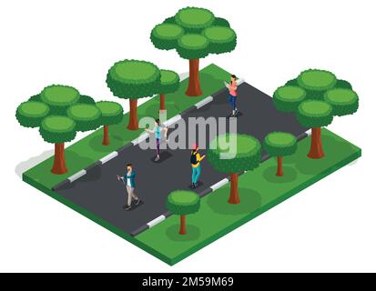 Trendy People Isometric Vector 3D adolescenti, giovani, studenti, freelance, running, passeggiate nel parco, bellissimo territorio pulito con manicure Illustrazione Vettoriale