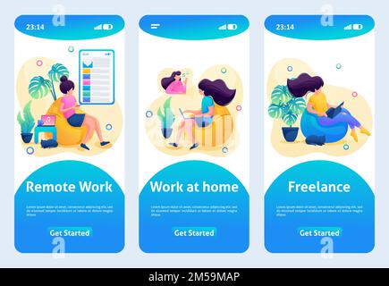 Progettazione di app mobili, modello. 2D carattere. La ragazza lavora in un lavoro remoto, lavora a casa. Illustrazione Vettoriale
