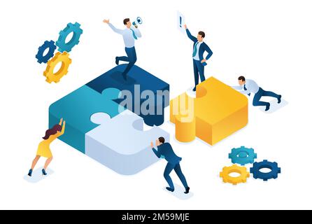Persone isometriche che collegano gli elementi del puzzle. Simbolo del lavoro di squadra. Concetto di web design. Illustrazione Vettoriale