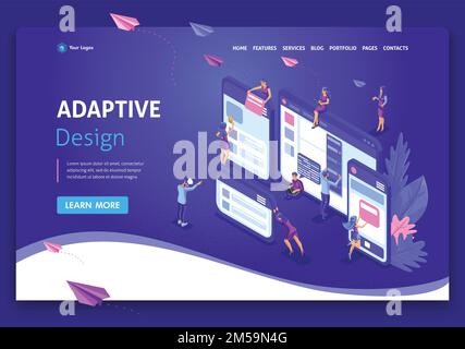 Landing page modello concetto isometrico di progettazione di pagine web e sviluppo di siti web mobili, design adattivo, applicazioni. Facile da modificare e personalizzare Illustrazione Vettoriale