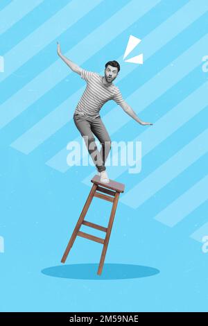 Collage 3D immagine di pinup pop retro schizzo di eccitato funky ragazzo in piedi caduta sedia bar isolato sfondo pittura Foto Stock