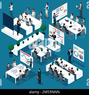 Coaching aziendale isolato, persone isometriche, concetto di 3D persone con diversi modi di formazione e sviluppo, il processo aziendale di giovani impiegati Illustrazione Vettoriale