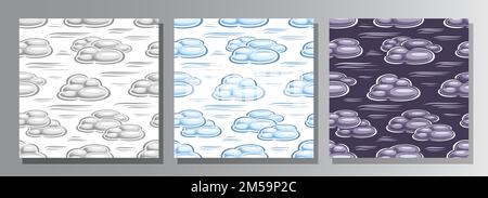Nuvole vettoriali pattern senza giunture, set di tre sfondi astratti quadrati ripetuti con illustrazione di varie nuvole fluttuanti su sfondo bianco, Illustrazione Vettoriale