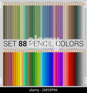 Matite di colore legno su sfondo grigio. Grande set di matite colorate per illustrazioni, arte o educazione scolastica. Modello di progetto, Clipart o Mockup fo Illustrazione Vettoriale