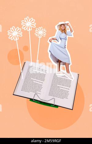 Foto collage progettato arte grazioso estate vestito abito signora sognante stand grande enciclopedia libro negozio promo isolato su sfondo di colore beige Foto Stock