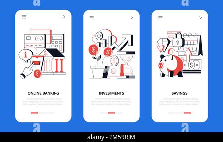 Online banking e investimenti - linea design stile banner set Illustrazione Vettoriale
