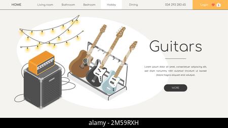Chitarre elettriche ed acustiche - line design style isometric web banner Illustrazione Vettoriale