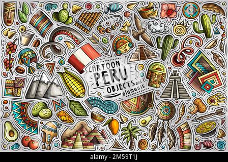 Set di simboli e oggetti tradizionali del Perù Illustrazione Vettoriale