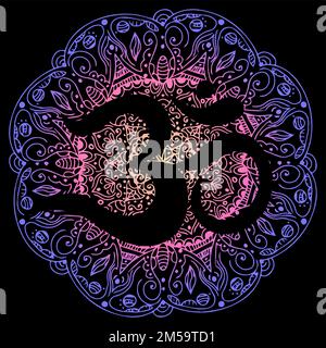 OM, aum simbolo dell'induismo, segno in mandala isolato su sfondo nero. . Illustrazione vettoriale Illustrazione Vettoriale