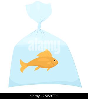 Animale domestico di pesce d'oro in sacchetto di plastica con acqua. Trasporto di animali. Illustrazione vettoriale isolata su bianco Illustrazione Vettoriale